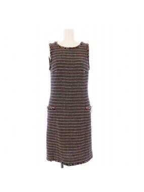 Chanel 2011 Model Tweed Dress Sleeveless Knee Length Coco Mark Button 36